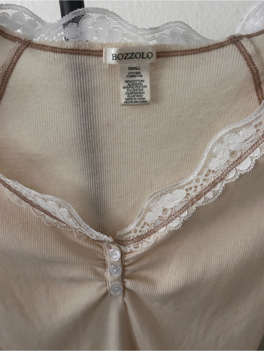 Bozzolo Cream Lace-Trim Long Sleeve Henley - Picture 3 of 3